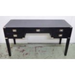 WRITING DESK,CAMPAIGN STYLE, ebonised with polished metal handles, 145cm W x 80cm H x 55cm D.