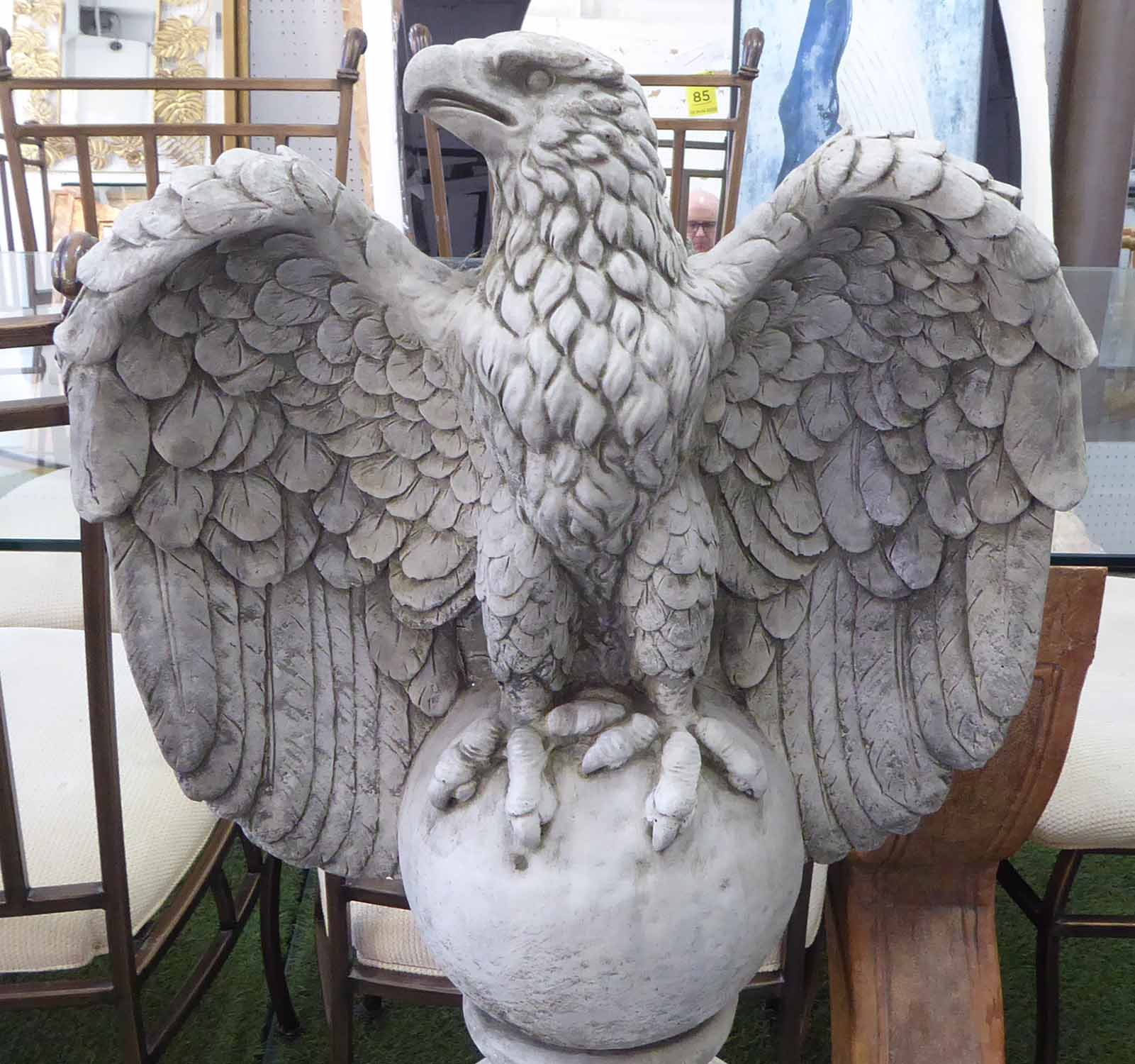 COMPOSITE STONE EAGLES, a pair with Corinthian column bases and ball finials, 121cm H. - Image 2 of 2