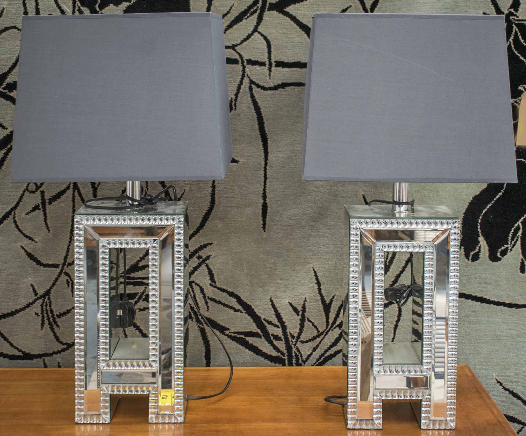 'A' TABLE LAMPS, a pair, mirror clad with grey shades, 78cm H x 38cm W.