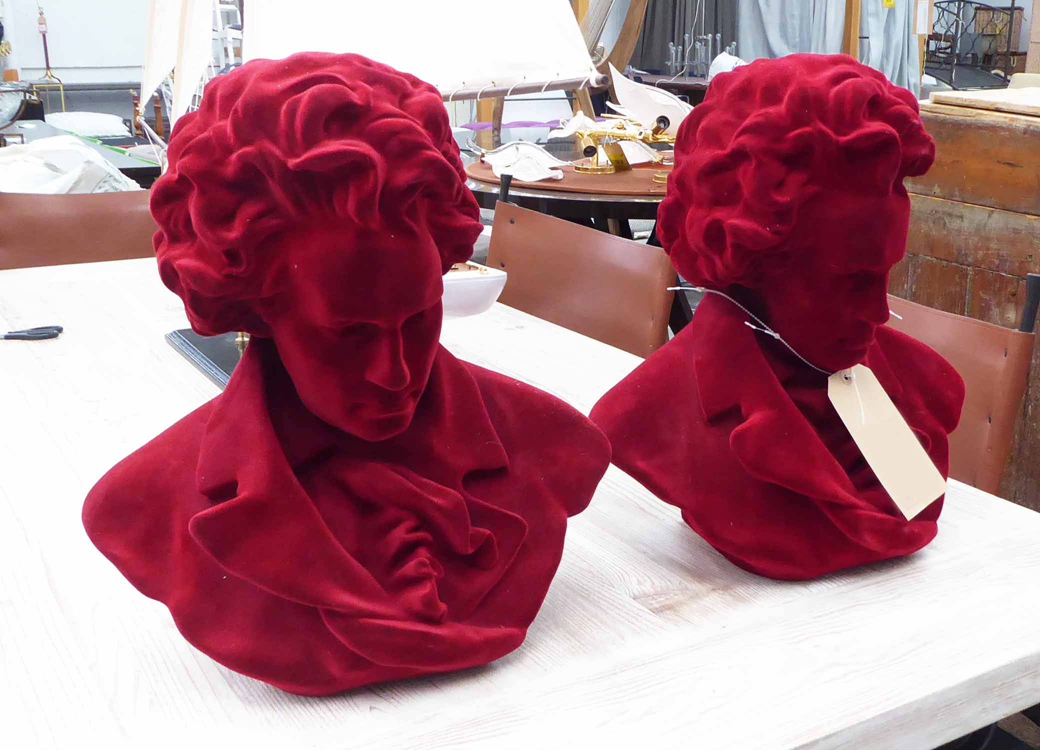 CONTEMPORARY SCHOOL, flocked busts of Beethoven, a pair, 44cm H.