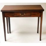 TEA TABLE, George III Cuban mahogany, with foldover top and frieze drawer, 76cm H x 89cm W x 48cm D.
