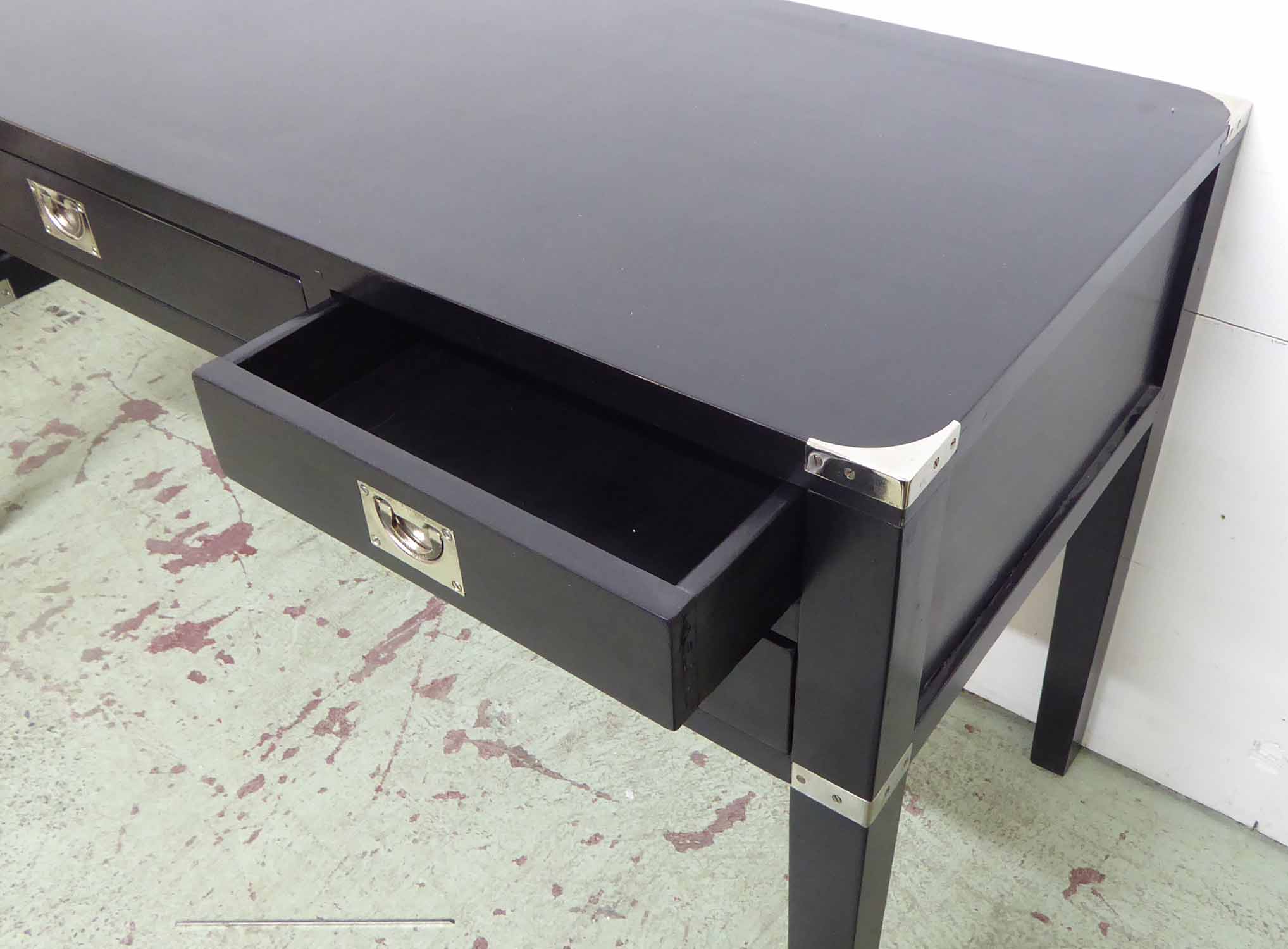 WRITING DESK,CAMPAIGN STYLE, ebonised with polished metal handles, 145cm W x 80cm H x 55cm D. - Image 2 of 2