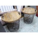 LOG BASKETS, a pair, with wooden tray lids, 60cm H x 55cm diam.