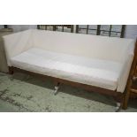 SOFA, cherrywood in calico with squab cushion seat on grey plastic castors, 201cm W x 81cm D.