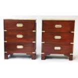 BEDSIDE/SIDE CHESTS, a pair, campaign style mahogany and brass bound each with three drawers,