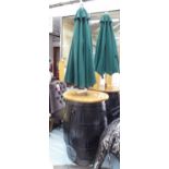 VINTAGE SPANISH SHERRY BARREL BAR TABLE AND PARASOL, 240cm H.