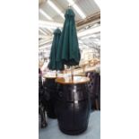 VINTAGE SPANISH SHERRY BARREL BAR TABLE AND PARASOL, 250cm H.