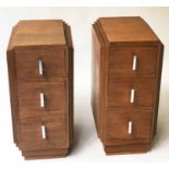 ART DECO BEDSIDE CHESTS, a pair, oak, each with three drawers, stepped top sides and plinth base,