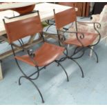 DINING CHAIRS, a set of six, metal frames with brown leather backs and seats, 53cm x 95cm H.