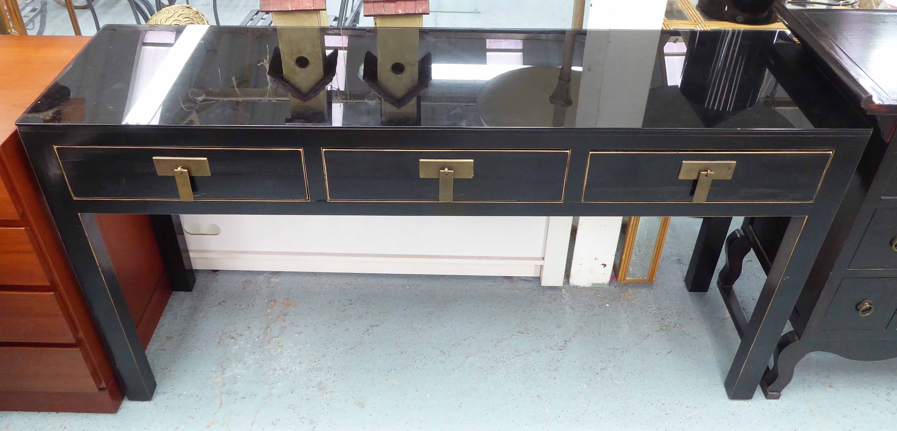 CHINESE SHANXI STYLE CONSOLE TABLE, with glass top, 41cm D x 81cm H x 151cm W.