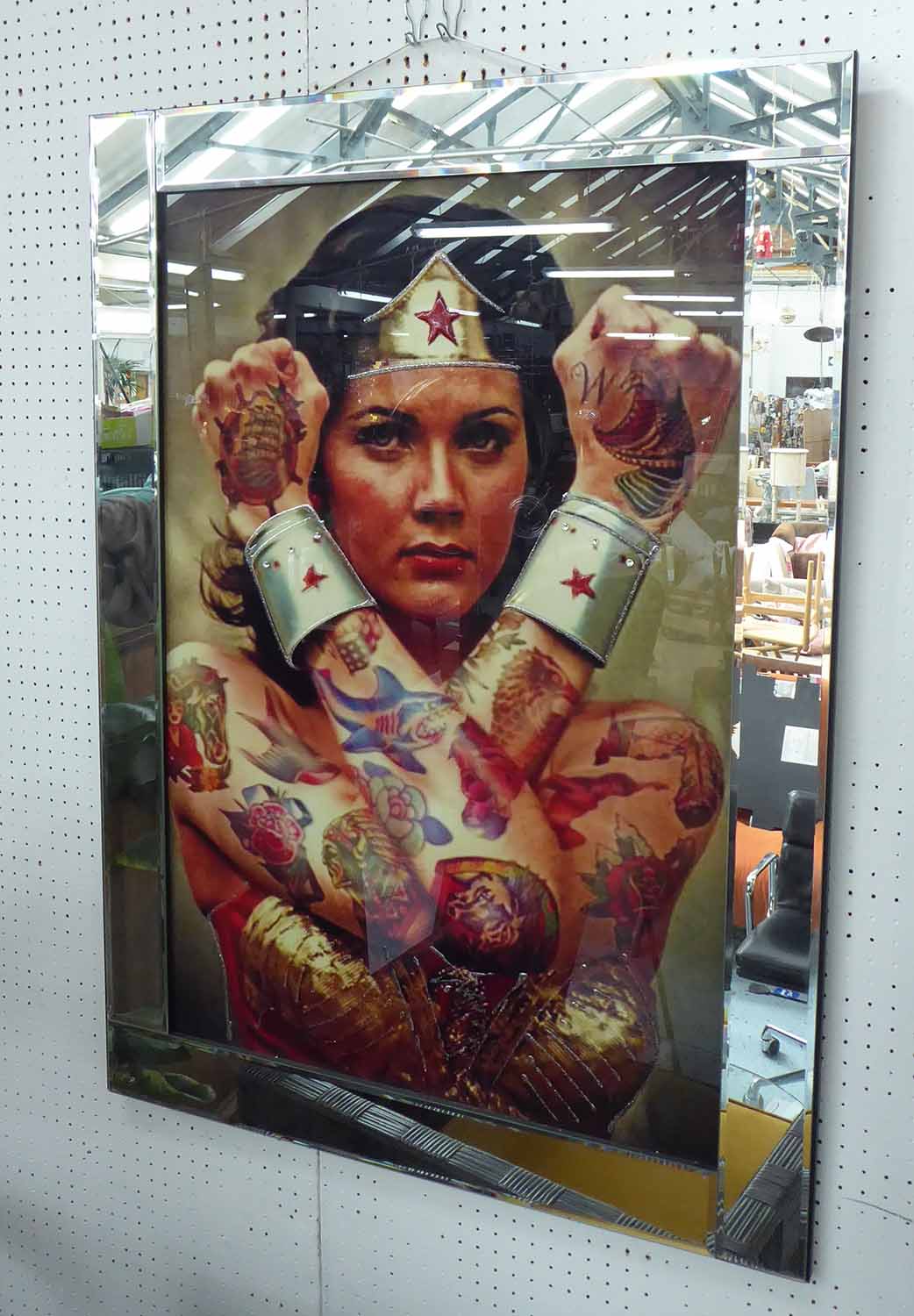 CONTEMPORARY SCHOOL PRINT, tattooed wonder woman, 105.5cm x 75.5cm.