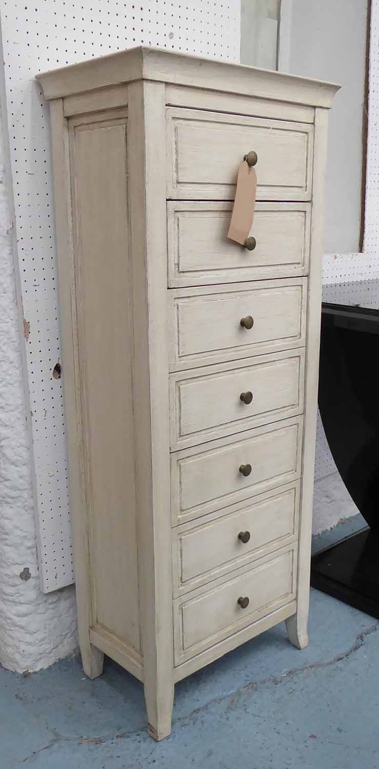 PAINTED CHEST, with three drawers over a cupboard with dummy drawer detail,