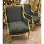 BERGERES A OREILLES, a pair, Louis XV style painted and black fabric upholstered with seat cushions,