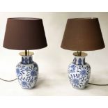 TABLE LAMPS, a pair, blue and white Chinese ceramic vase form with shades, 60cm H.