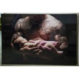 PHOTOGRAPH ON BOARD, 'Father and baby', 102cm H x 148cm W.