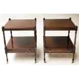 LAMP TABLES, a pair, George III design square walnut with undertier and drawer,