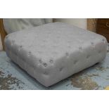 OTTOMAN, square buttoned grey fabric on turned feet, 39cm H x 100cm.