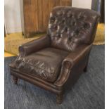 CLUB ARMCHAIR, Victorian style in buttoned dark brown leather with cushion seat, 81cm W.
