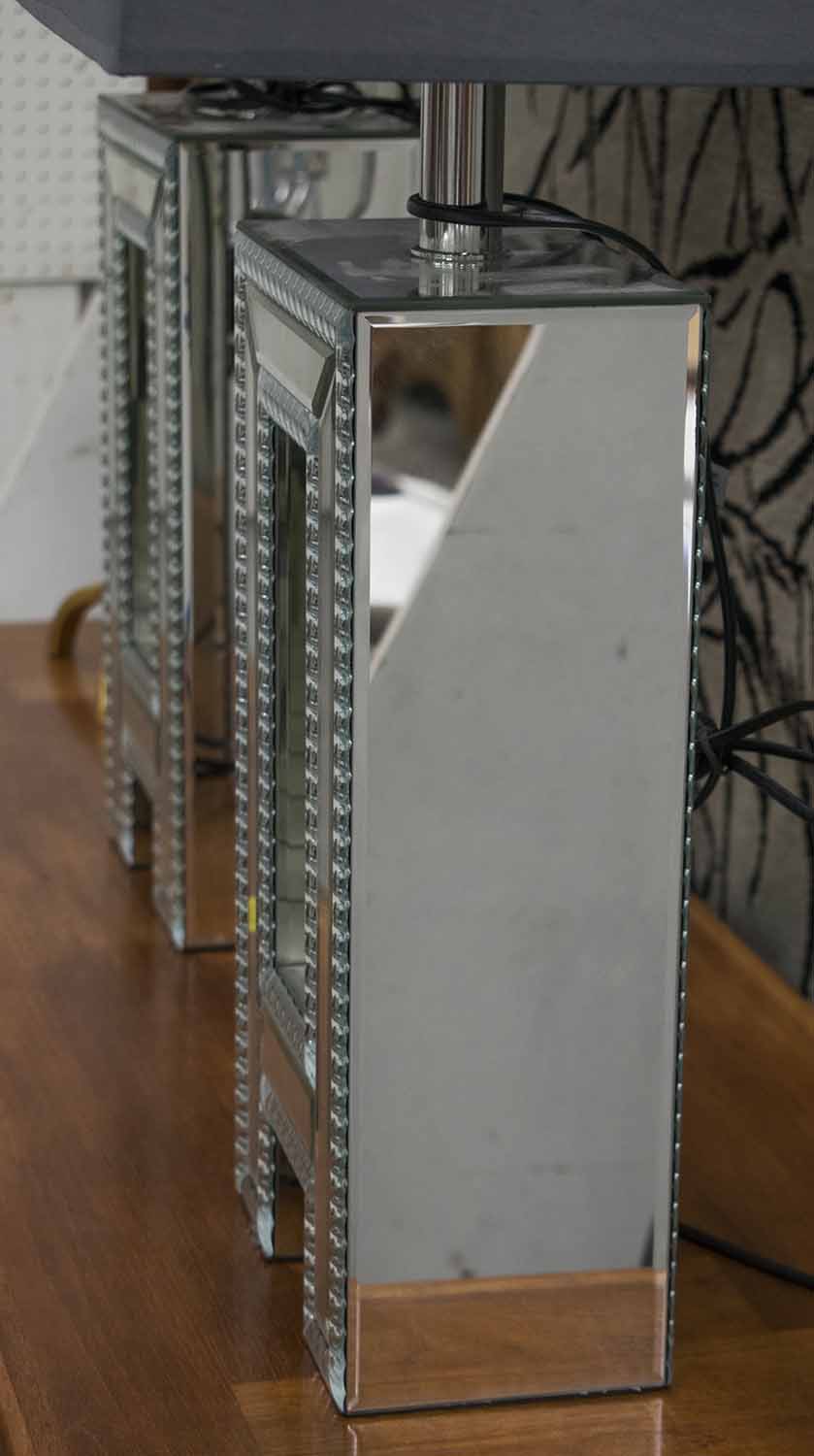 'A' TABLE LAMPS, a pair, mirror clad with grey shades, 78cm H x 38cm W. - Image 2 of 2