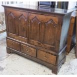 LIVERY CUPBOARD, George II oak with a pair of panelled doors over three drawers,