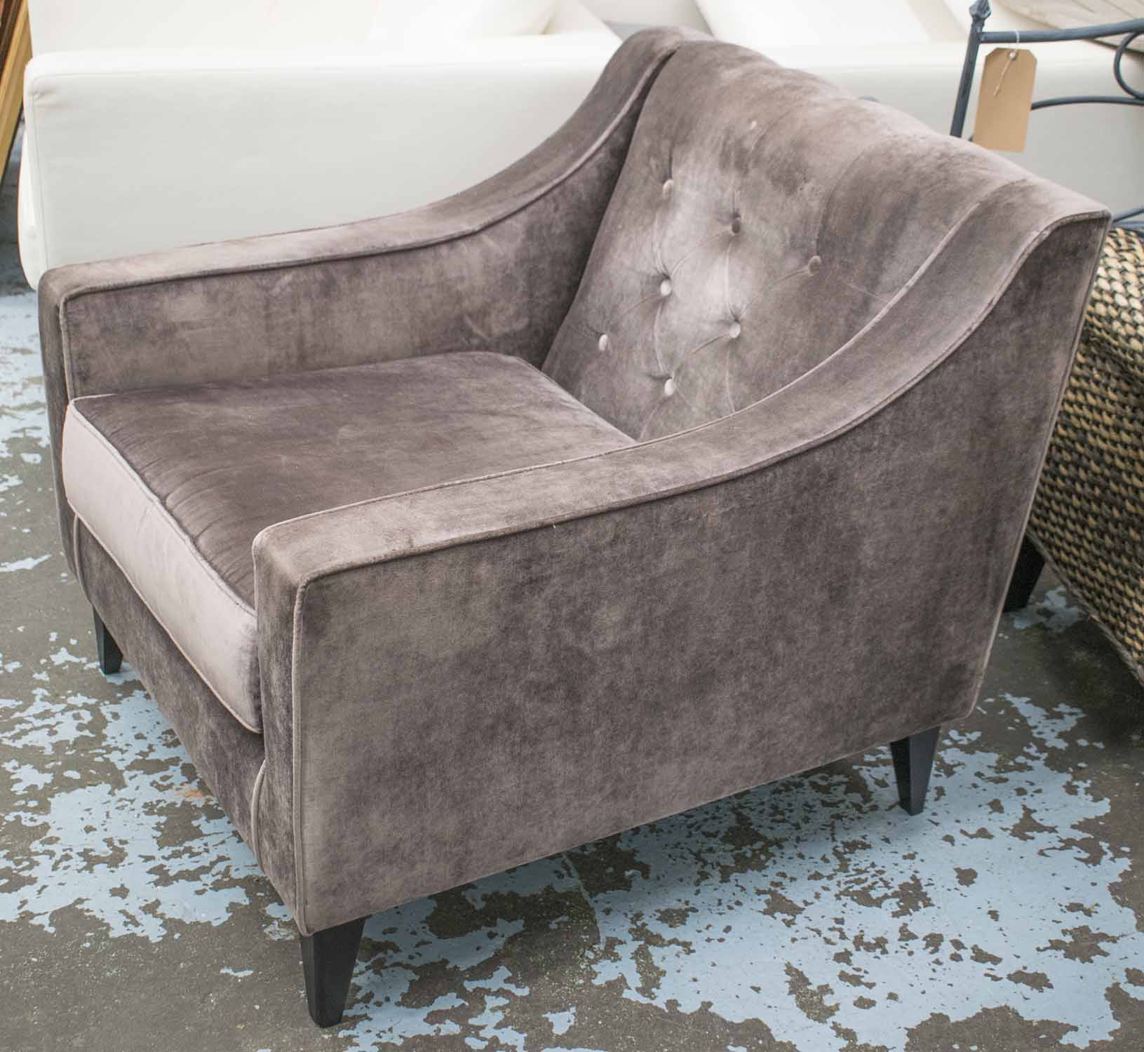 ARMCHAIR BY BESPOKE SOFA, buttoned grey velvet with seat cushion, 81cm W.