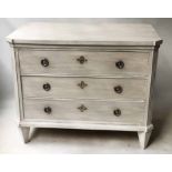 GUSTAVIAN STYLE COMMODE, 19th century grey painted and silver metal mounted with three long drawers,