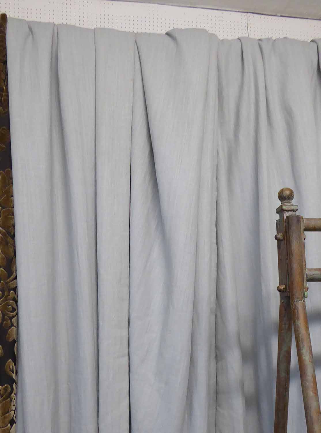 CURTAINS, a pair, contemporary grey fabric, lined and interlined, 300cm Drop x 85cm gathered.