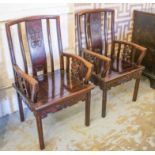 ARMCHAIRS, a pair, Chinese padoukwood with fish carved splats, 55cm W.