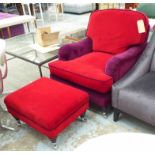 ARMCHAIR, by Delcor, in contrasting purple and red velvet, 82cm W x 90cm H and stool to match.