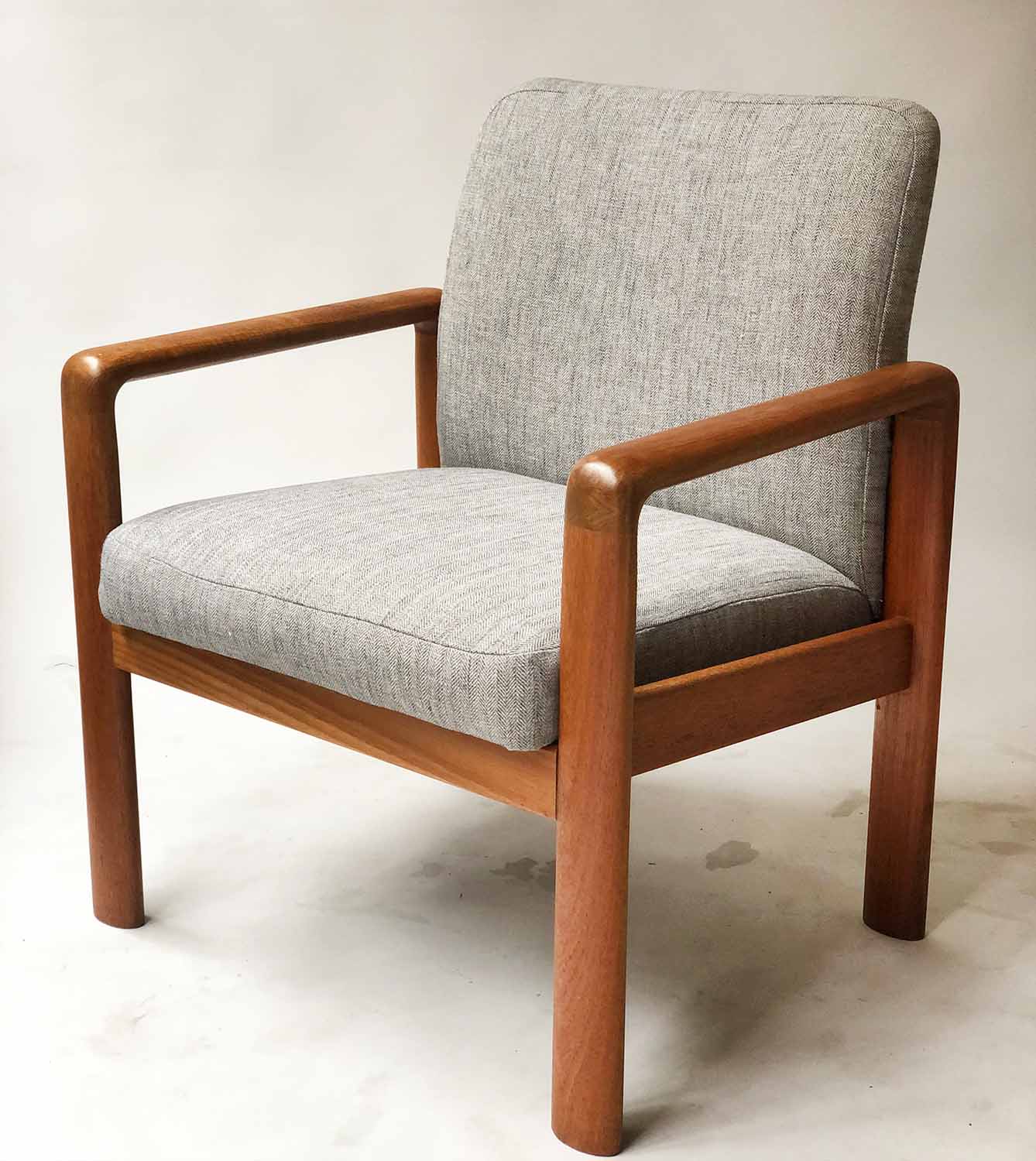 ARMCHAIRS, a pair, 1970's teak re-upholstered in grey herringbone weave cotton, 67cm W. - Image 2 of 4