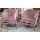 TUB CHAIRS, a pair, with cushion seats in mauve velvet, 73cm W.