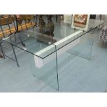 DINING TABLE, contemporary tempered glass design, with white lacquered support detail, 160cm x 80cm.