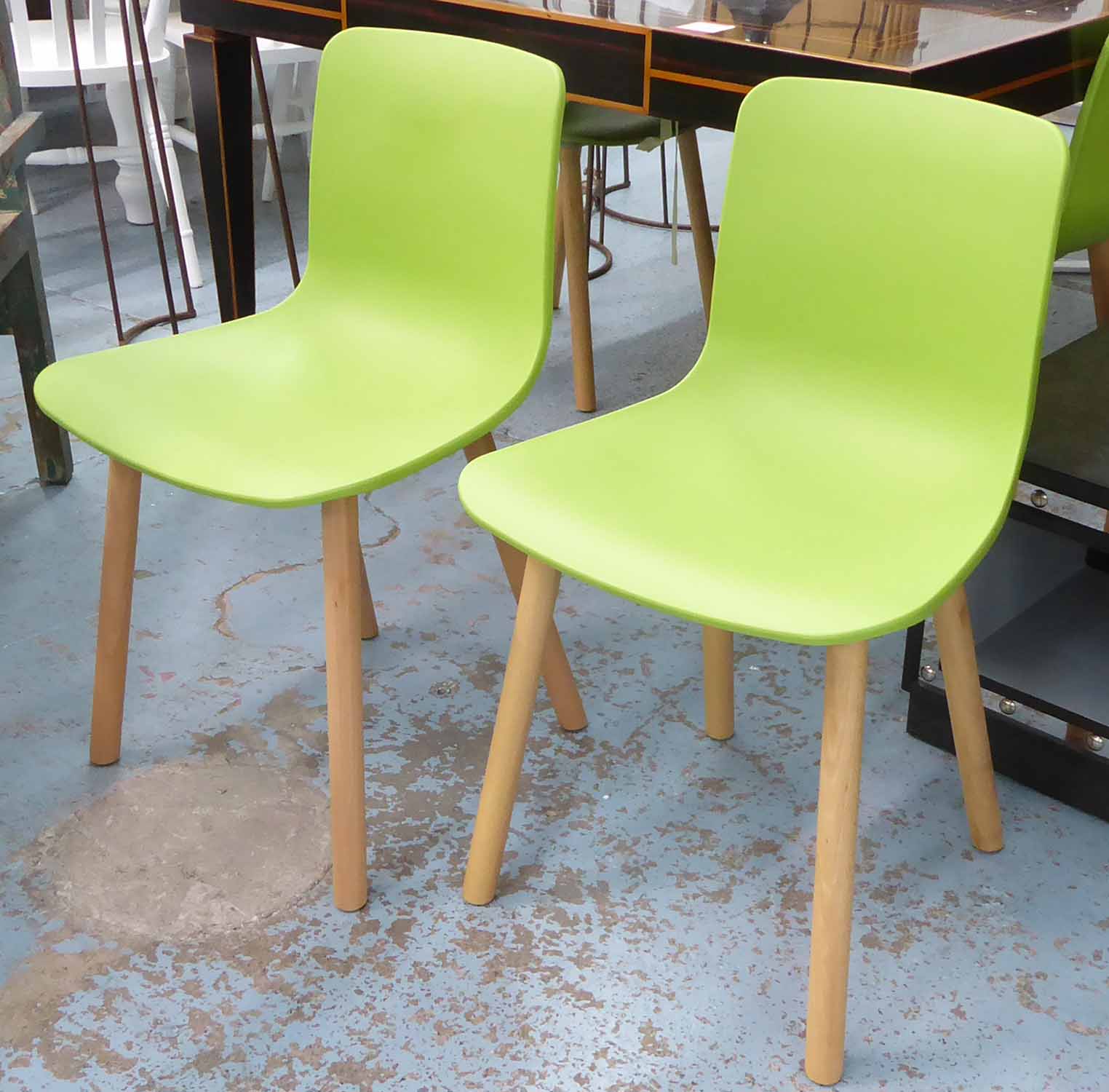 DINING CHAIRS, a set of four, contemporary green finish on beech veneer supports, 80cm H.