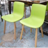DINING CHAIRS, a set of four, contemporary green finish on beech veneer supports, 80cm H.