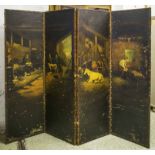 SCREEN, antique painted depicting 19th century stable scenes, each panel 184cm H x 56cm.
