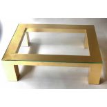 LOW TABLE, rectangular glass topped with gilded square section supports, 125cm x 95cm x 40cm H.