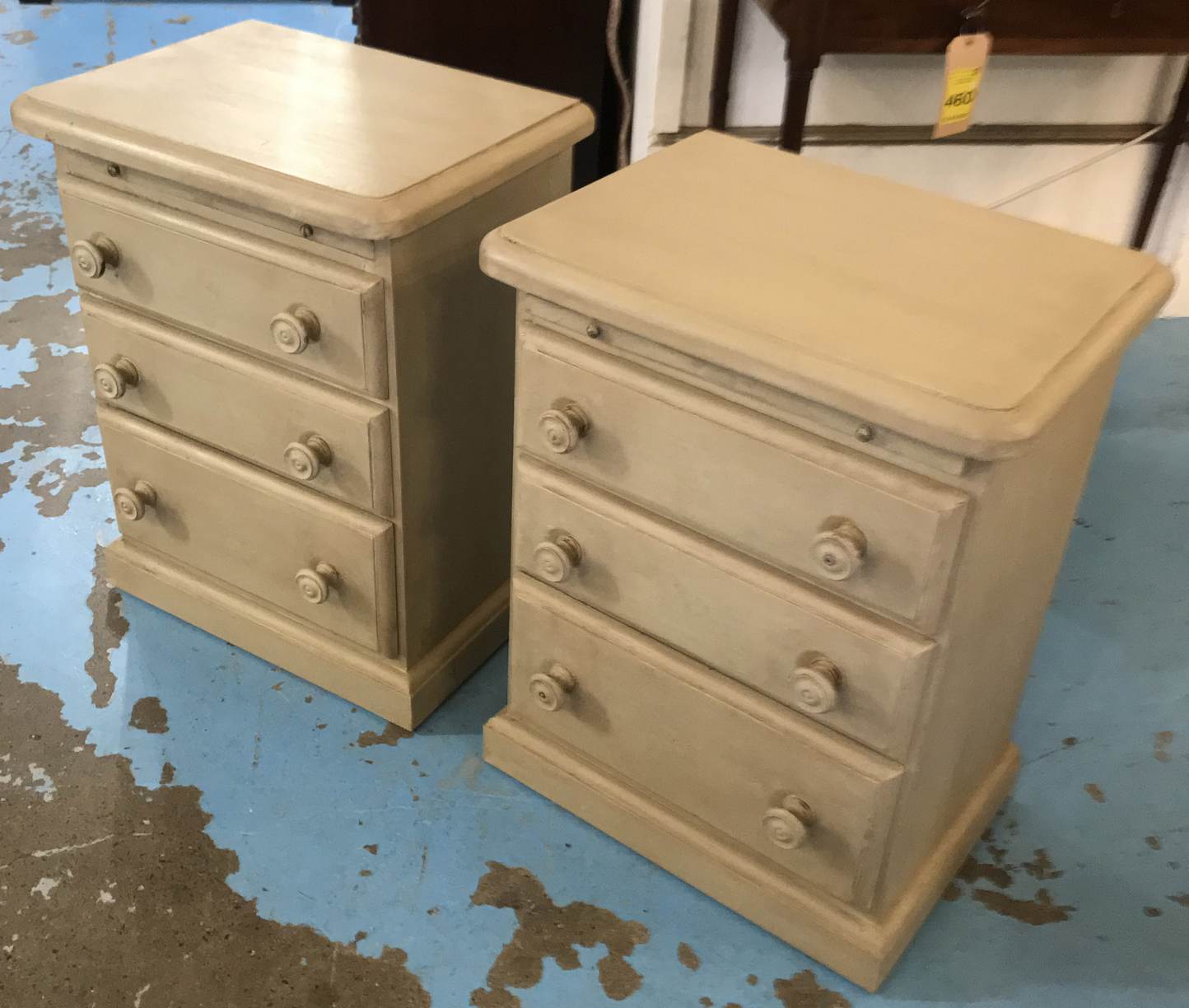 BEDSIDE CHESTS, a pair, each with three drawers and brushing slide in a grey painted finish, - Image 2 of 2