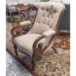 ARMCHAIR, Victorian mahogany in fawn material with button back,