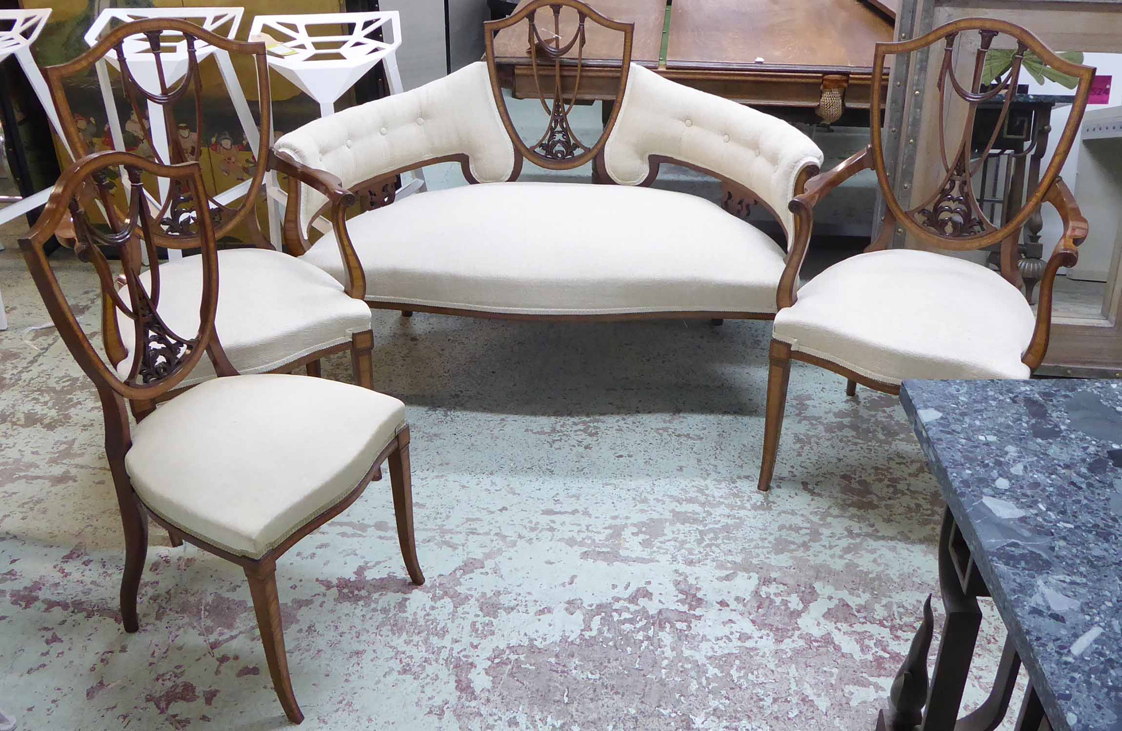 SALON SUITE, Edwardian mahogany and satinwood banded, comprising a white fabric upholstersd settee,
