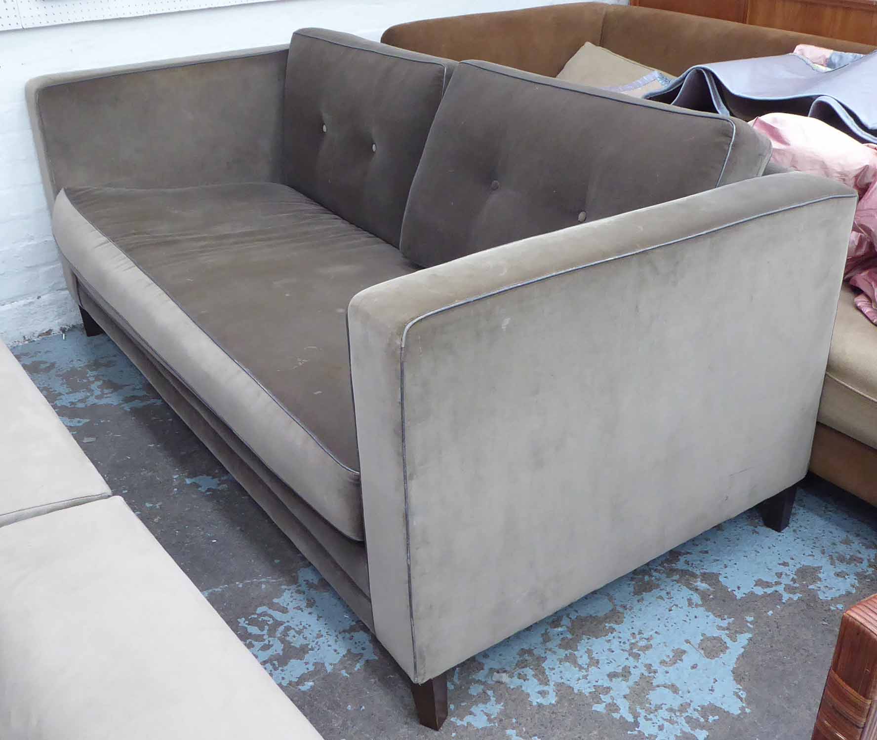 SOFA, 1960's Italian style grey velvet with piping finish and buttoned back detail, 195cm W.