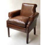 LIBRARY ARMCHAIR, early 20th century club style hand dyed leaf brown leather with scroll back,