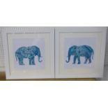 DANHUI NAI, boho teal elephant diptych prints, a pair, signed in the stone, framed and glazed,