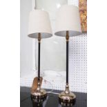 TABLE LAMPS, a pair, 1960's French style, slender design, with shades, 57cm H.