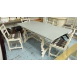 DINING TABLE, the grey top on a shaped cream base and six chairs to match,