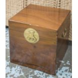 BOX TRUNK, Chinese camphorwood with hinged top and brass side handles, 47cm H x 47cm x 47cm.