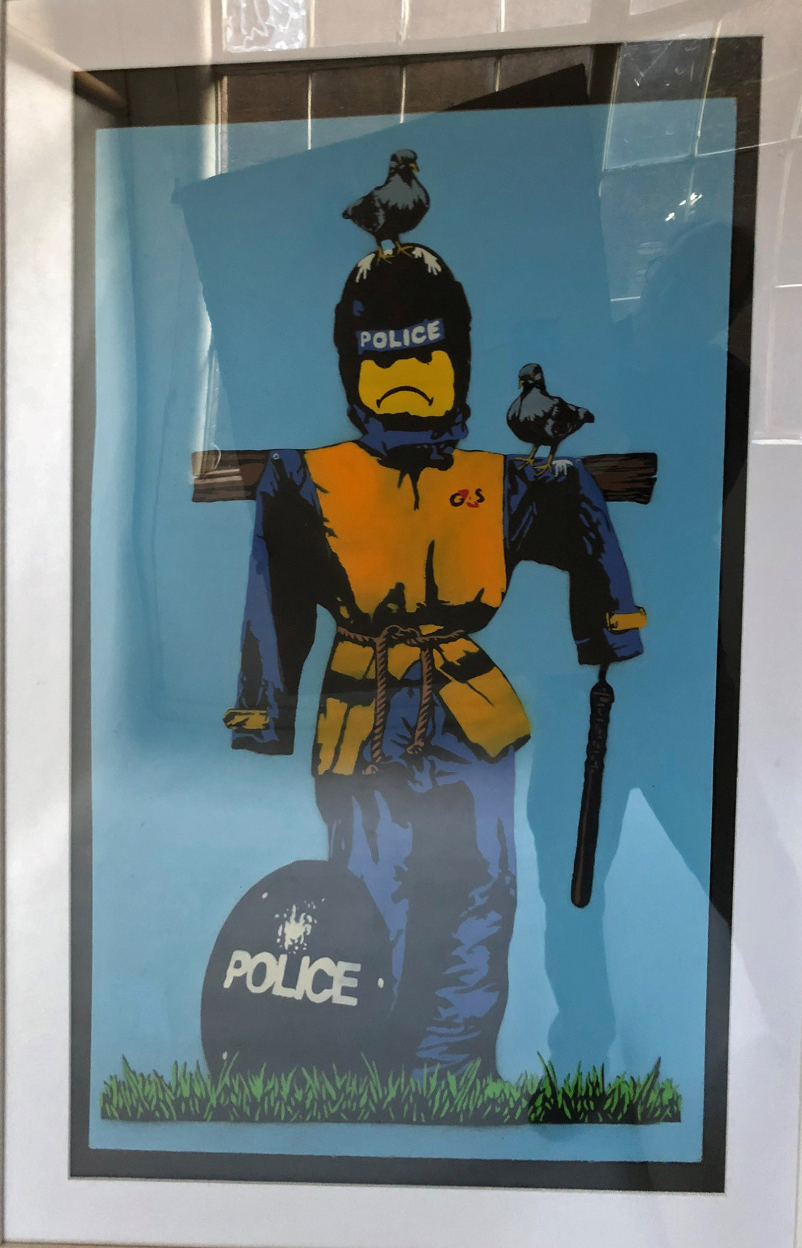 T WAT STENCIL, 'Police cuts', spray paint stencil on board framed, 67cm x 97cm H.