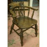 SMOKERS BOWBACK CHAIR, Victorian elm and beech (stamped W.R.) 69cm W.