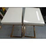 SIDE TABLES, a pair, gilt metal frames white glazed tops, 47cm x 31cm x 56cm H.