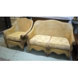 SOFA, rattan and hardwood with two chenille patterned seat cushions,