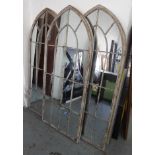 GARDEN MIRRORS, three, metal Gothic frames distressed paint finish, 160cm x 67cm.